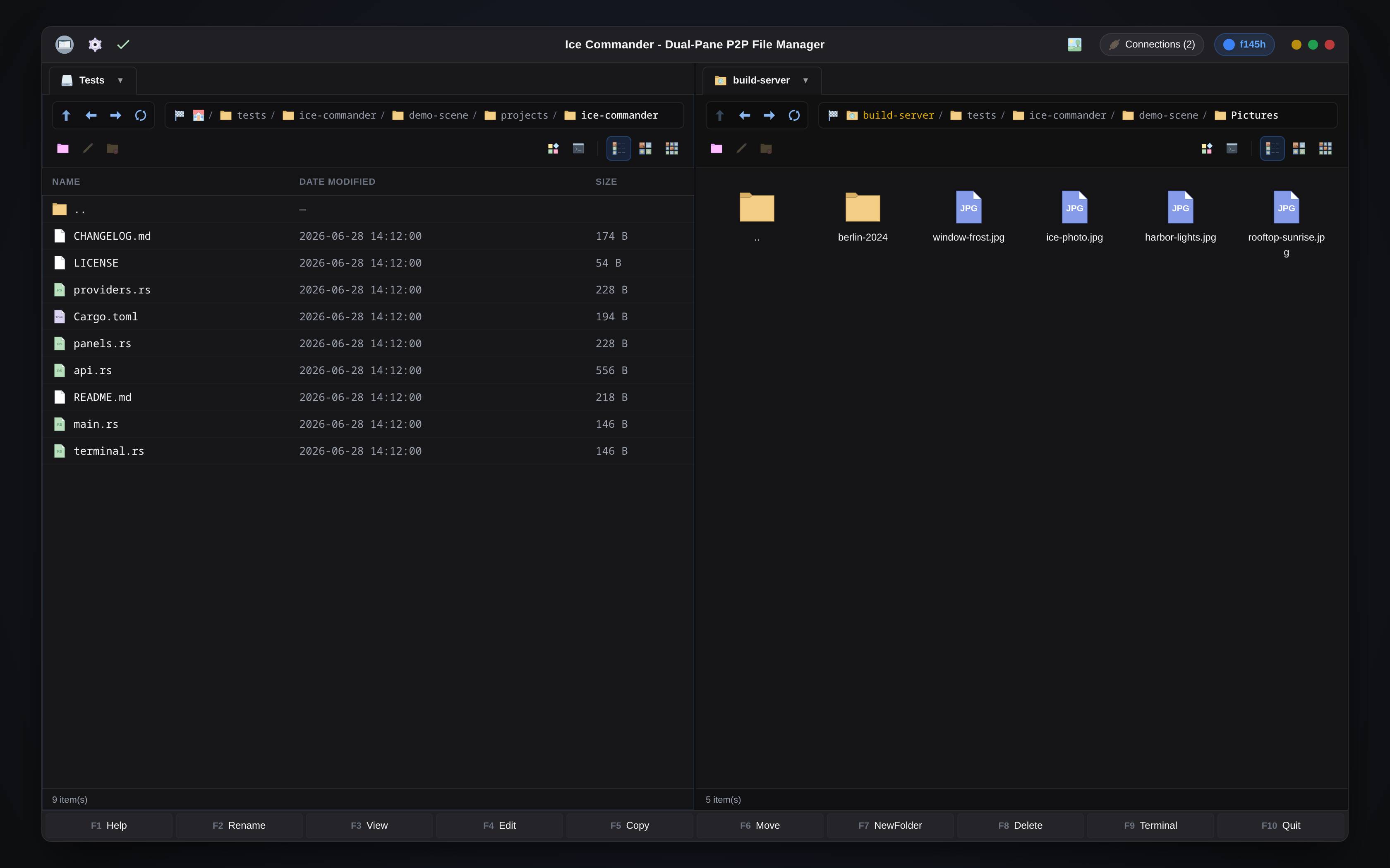 Ice Commander web interface — two panels, archives, terminal
